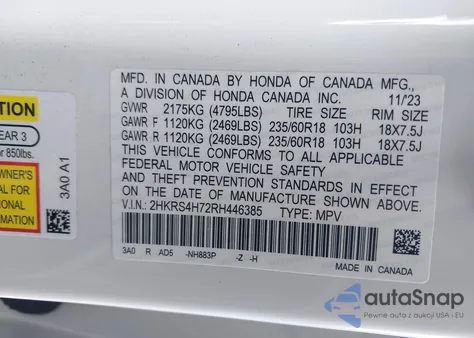 2024 Honda Cr-V Ex-L Awd из США, поврежденный, VIN 2HKRS4H72RH446385